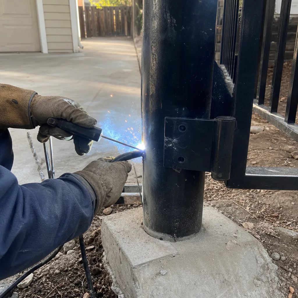 professional welding metal gate hinge during residential fence installation