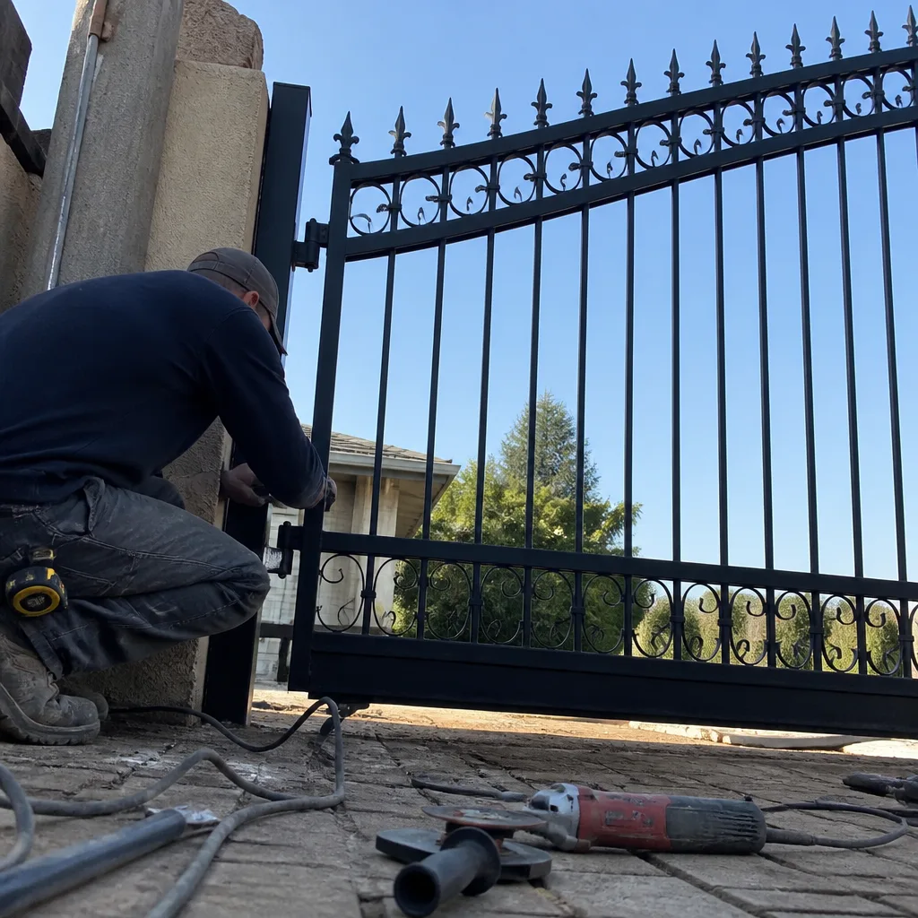 Professional tradesman performing a custom iron gate installation