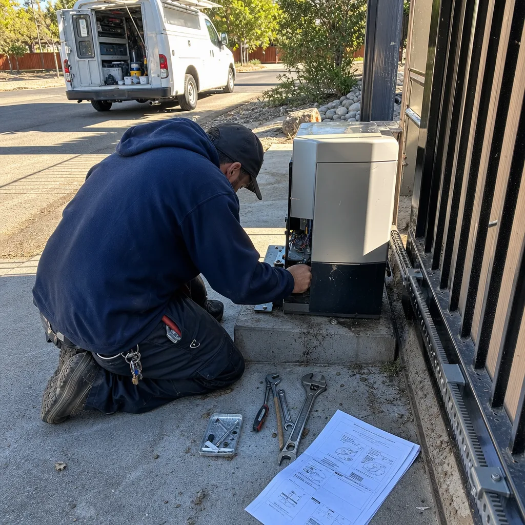 Technician performing gate motor and opener repair service
